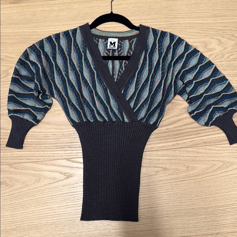 Missoni Stylish Blue and Gray Knit V-Neck Sweater
